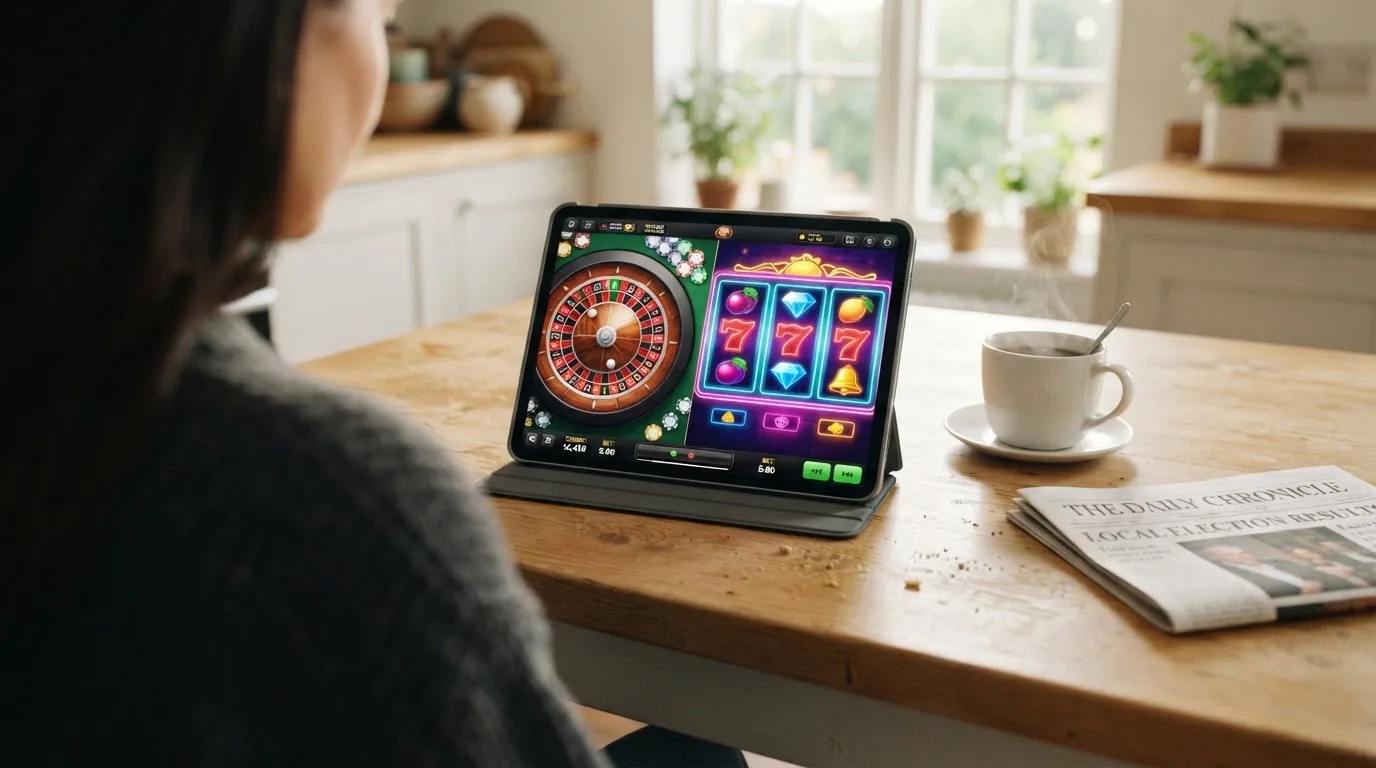 Een persoon bekijkt op een tablet een overzicht van casinospellen aan een keukentafel, met een kop koffie ernaast.