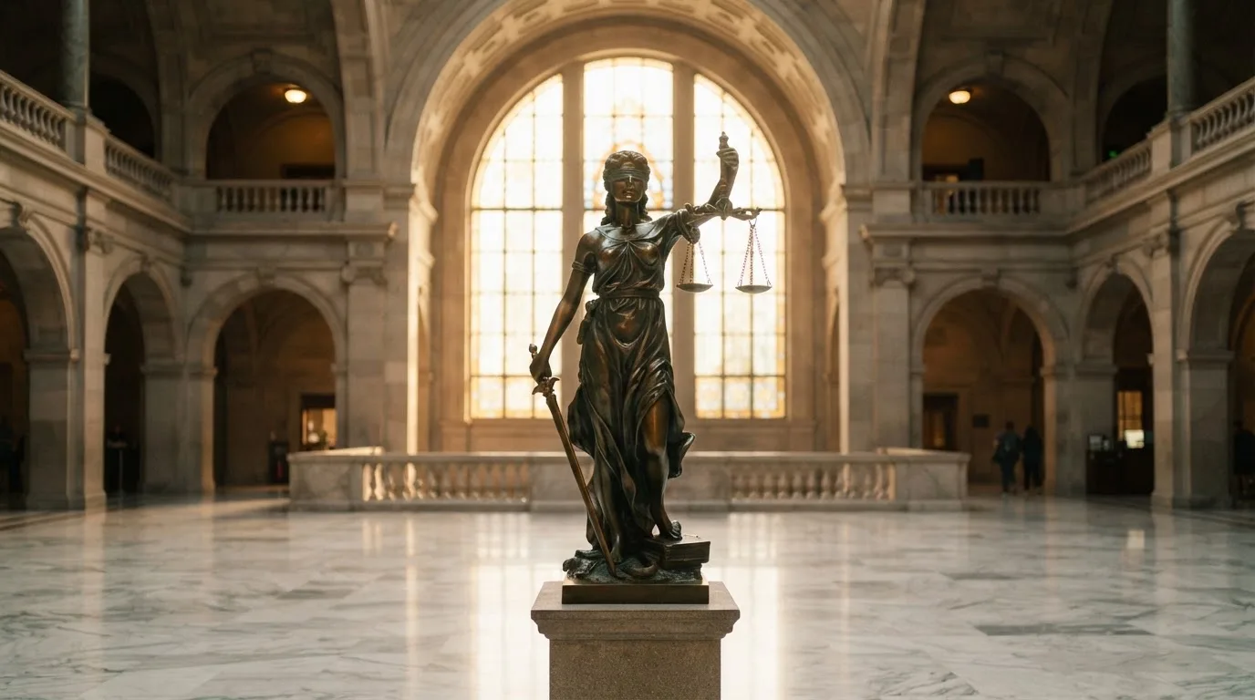 Een bronzen vrouwe Justitia met weegschaal staat voor een grote raampartij in een statig gerechtsgebouw, met zacht ochtendlicht.