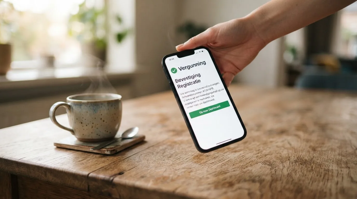 Een hand houdt een smartphone vast boven een houten tafel met een kopje koffie ernaast, in zacht daglicht.