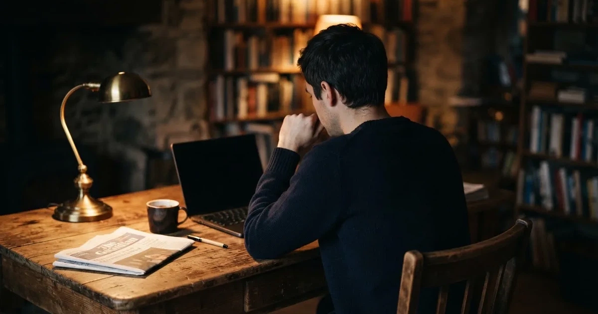 Een persoon zit alleen aan een bureau en staart peinzend naar een laptop met het scherm uit, in gedimd avondlicht.