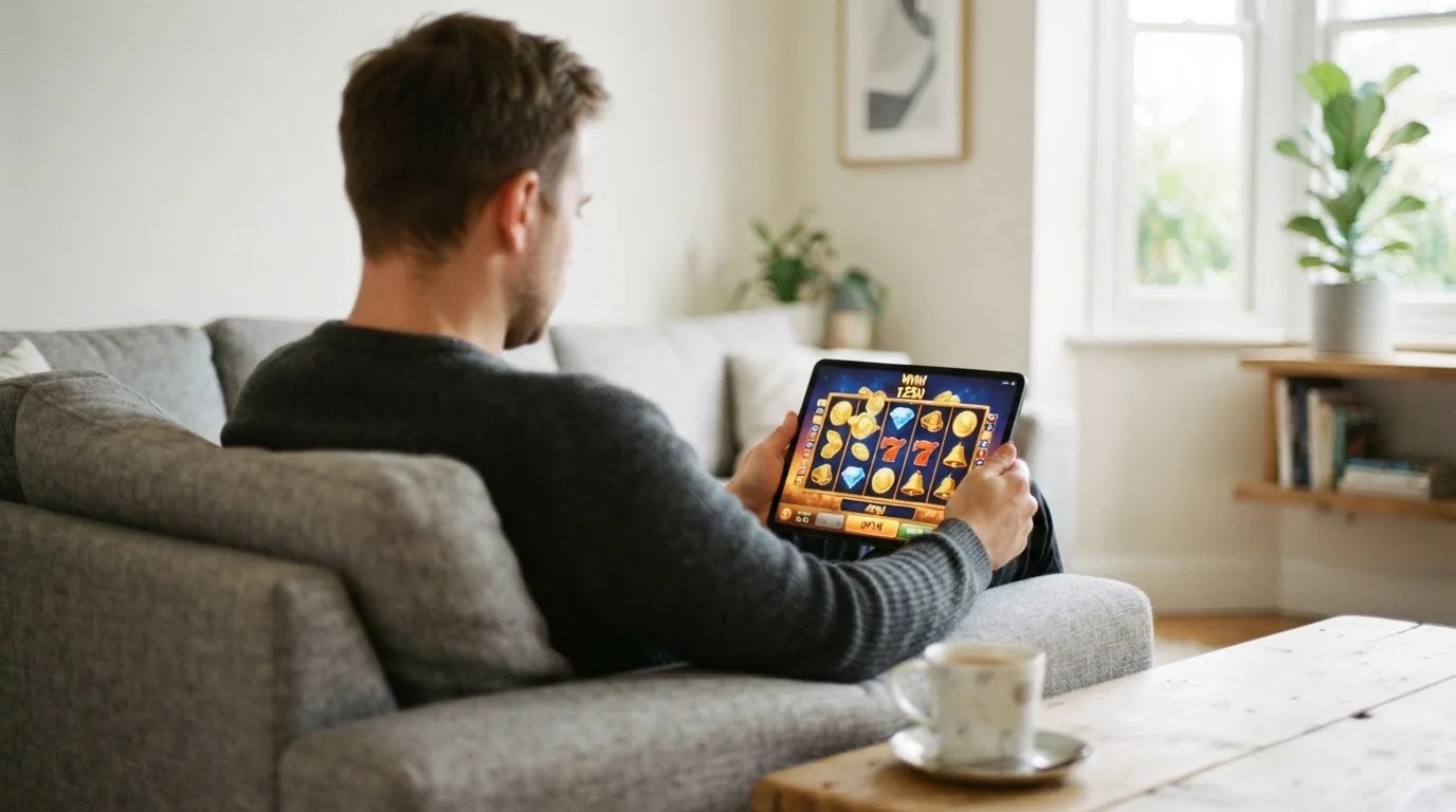 Een man bekijkt ontspannen een tablet op de bank in een lichte woonkamer met een kop koffie op de salontafel.