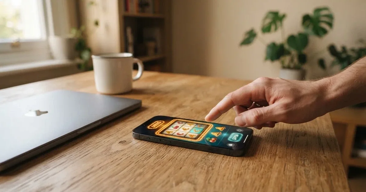 Een hand tikt op een smartphone naast een gesloten laptop op een houten bureau, in zacht daglicht.
