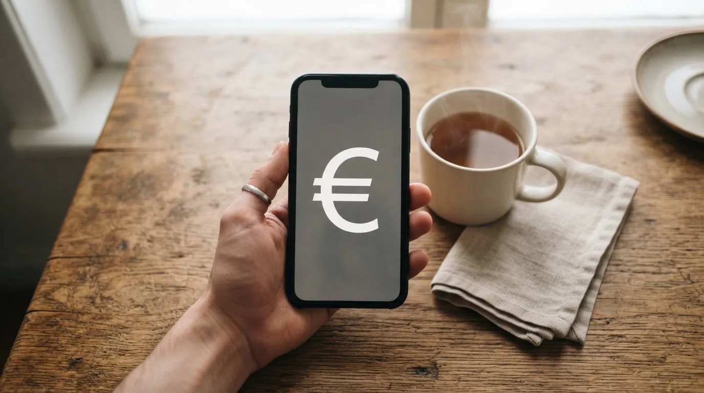 Een hand houdt een smartphone vast boven een houten tafel met een kopje thee ernaast, in zacht daglicht.