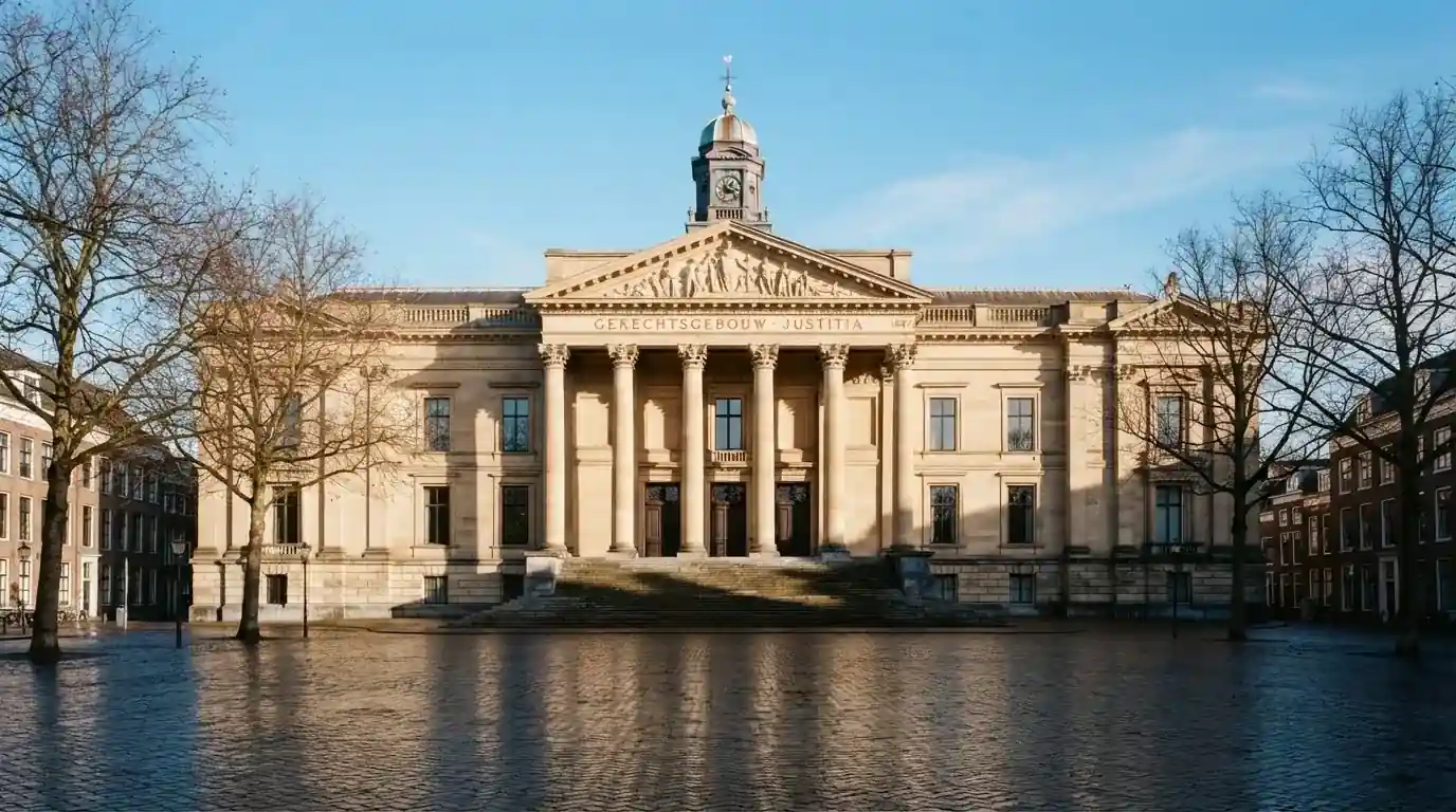 Een statig gerechtsgebouw met brede trappen en zuilen staat onder een heldere hemel in een Nederlandse stad.