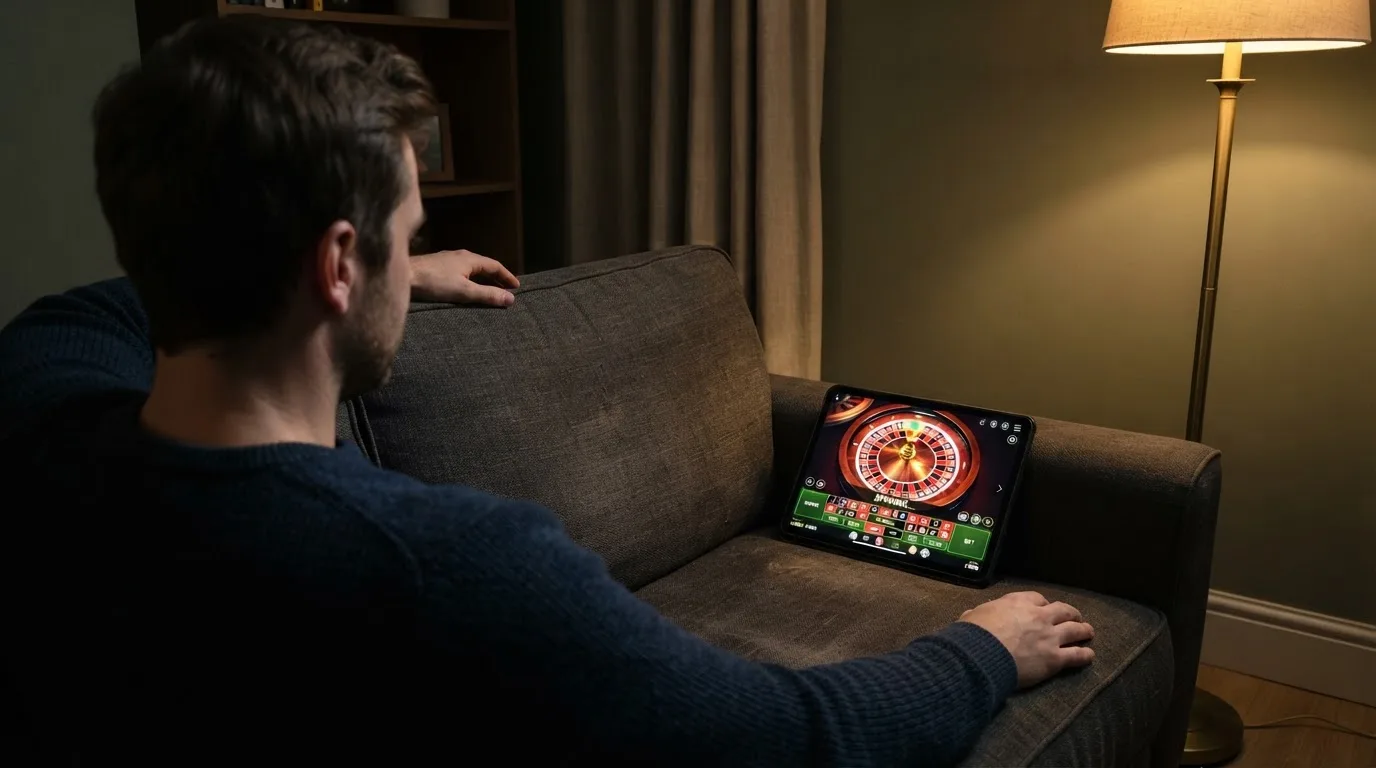 Een man bekijkt laat op de avond een tablet op de bank, verlicht door een staande lamp in een rustige woonkamer.