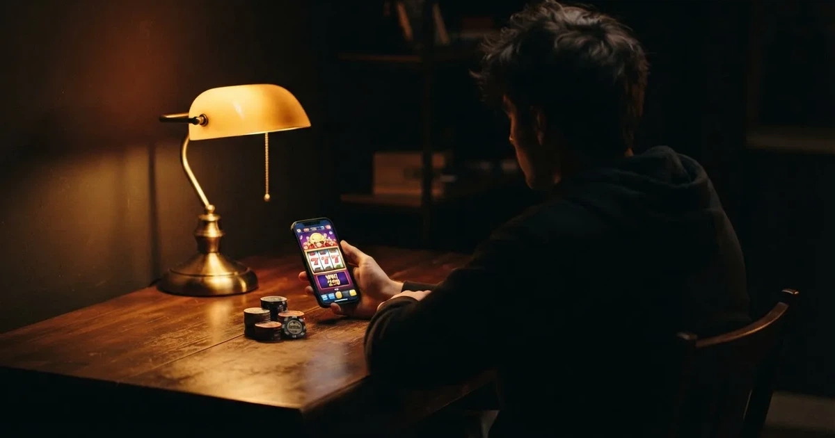 Een speler zit 's avonds laat aan een bureau met een smartphone in de hand, verlicht door een bureaulamp in een verder donkere kamer.