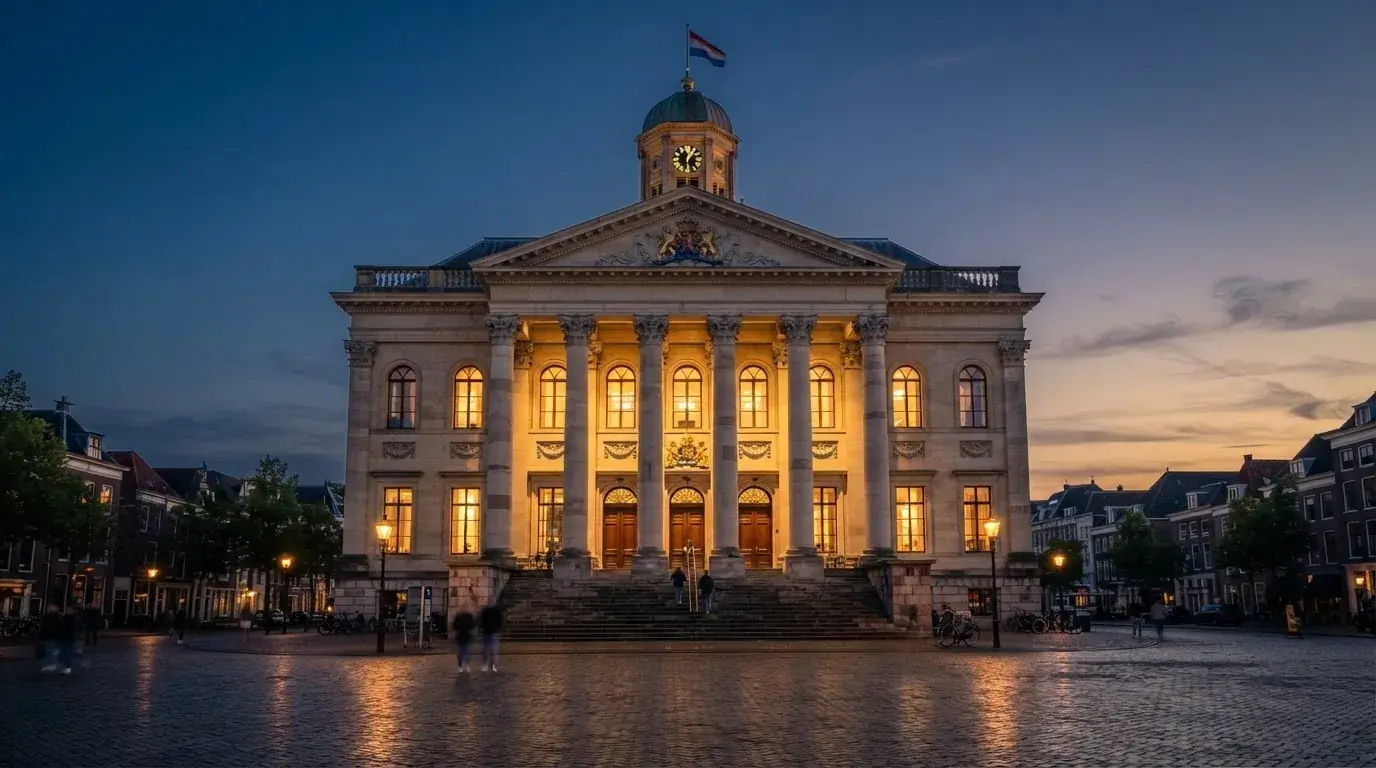 Een statig gerechtsgebouw met verlichte zuilen staat in de avondschemering in een Nederlandse stad.