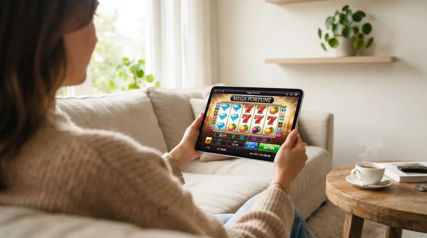 Een vrouw bekijkt ontspannen een tablet op de bank in een lichte woonkamer met een kop thee op de salontafel.