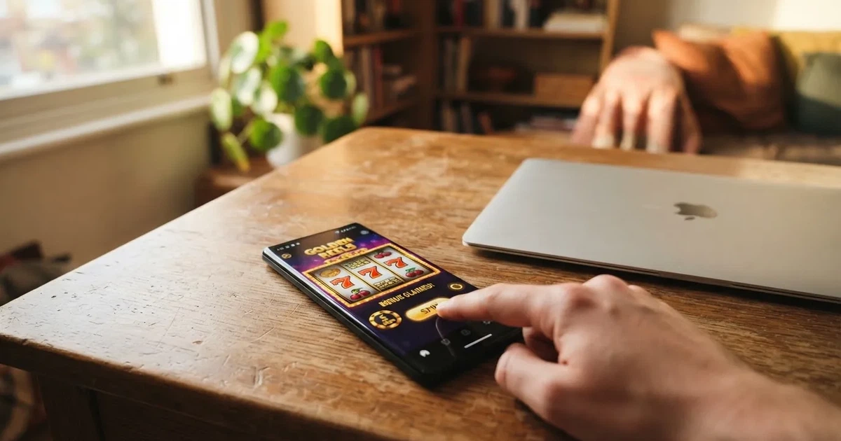 Een hand tikt op een smartphone naast een gesloten laptop op een houten bureau, in zacht daglicht.