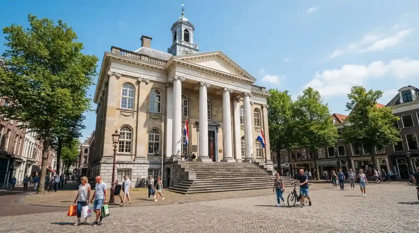 Een klassiek gerechtsgebouw met hoge zuilen staat onder een blauwe lucht in een Nederlandse binnenstad.