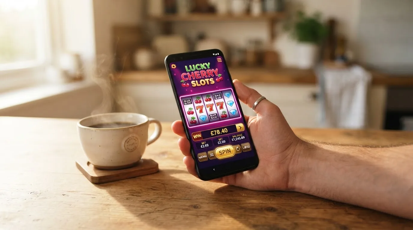 Een hand houdt een smartphone vast boven een houten tafel met een kopje koffie ernaast, in zacht daglicht.