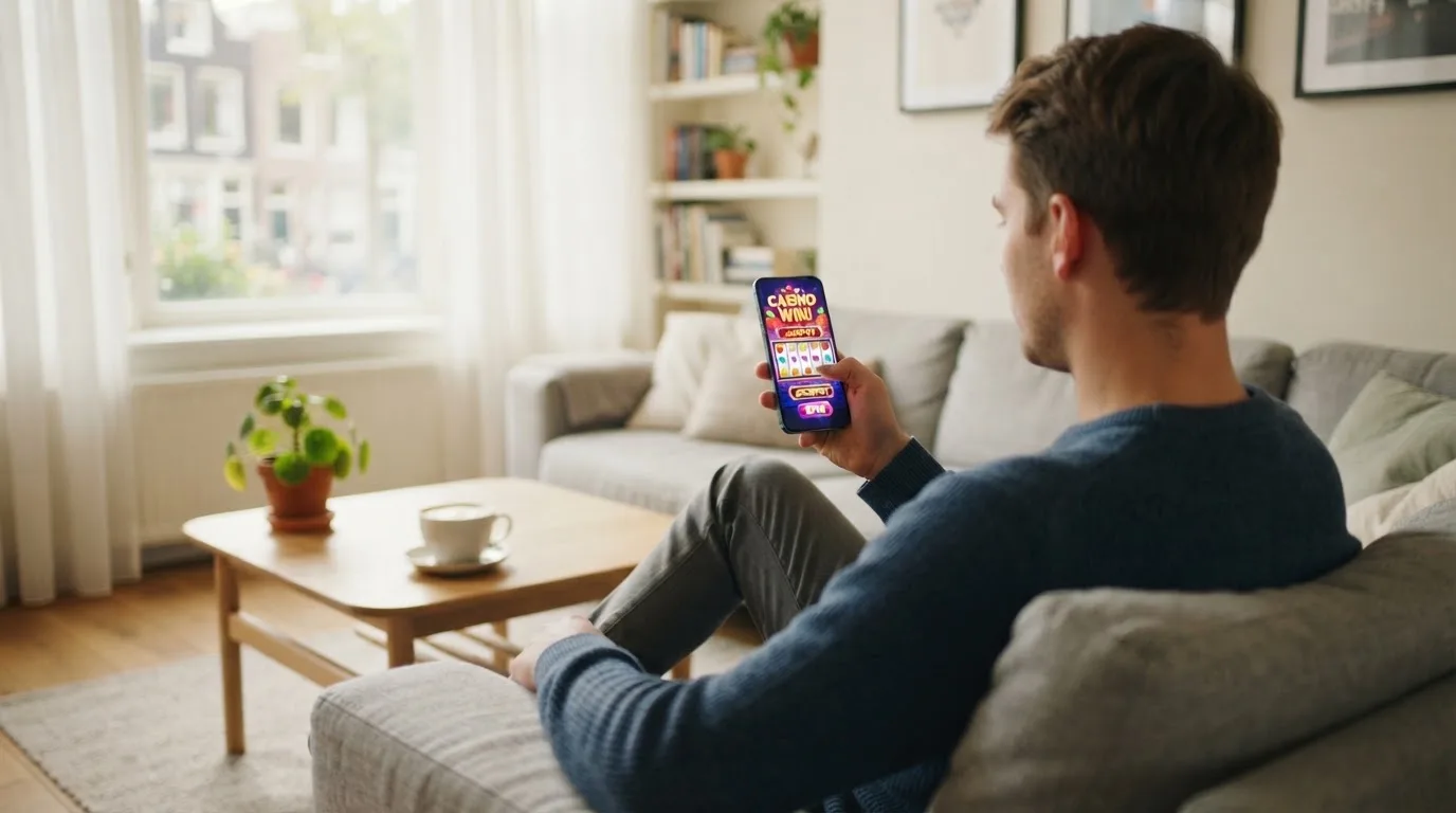 Een man bekijkt ontspannen zijn telefoon op de bank in een lichte woonkamer met een kop koffie op de salontafel.
