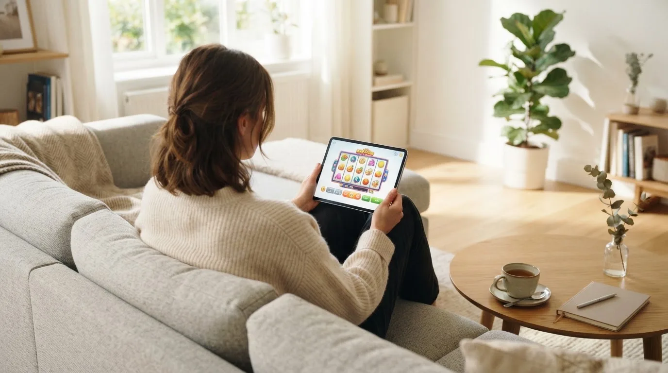 Een vrouw bekijkt ontspannen een tablet op de bank in een lichte woonkamer met een kop thee op de salontafel.