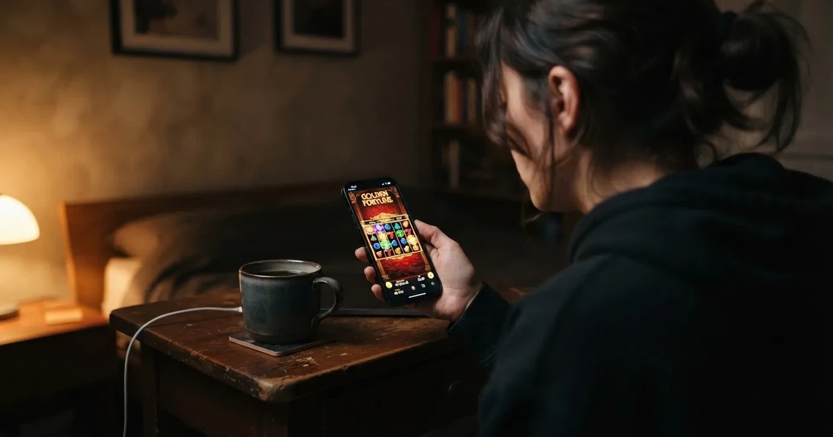 Een speler kijkt geconcentreerd naar een smartphone in een schaars verlichte kamer, met een kop koffie naast de hand.