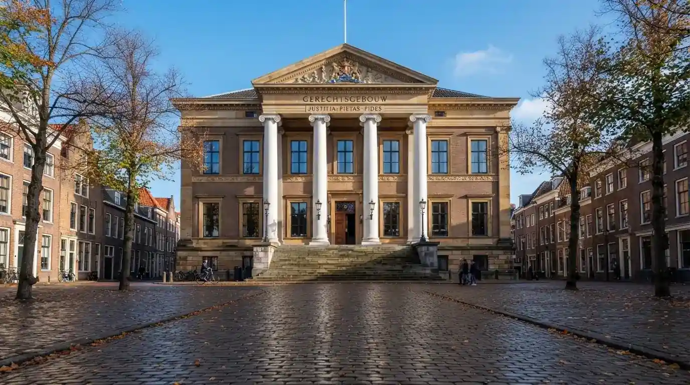 Een klassiek gerechtsgebouw met hoge zuilen staat onder een heldere hemel in een Nederlandse stad.
