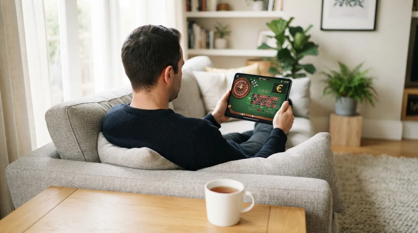 Een man bekijkt ontspannen een tablet op de bank in een lichte woonkamer met een kop thee op de salontafel.