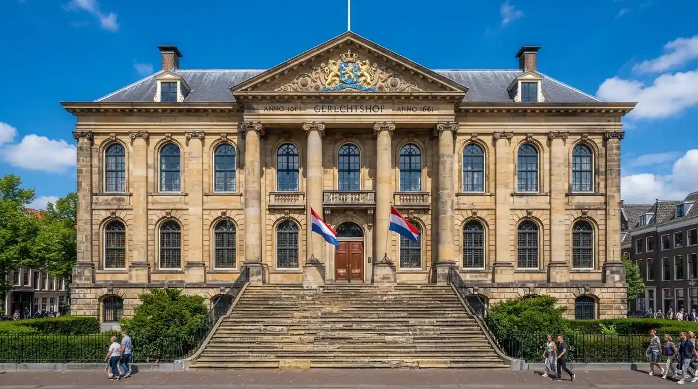 Een statig gerechtsgebouw met brede trappen en zuilen staat onder een blauwe hemel in een Nederlandse stad.