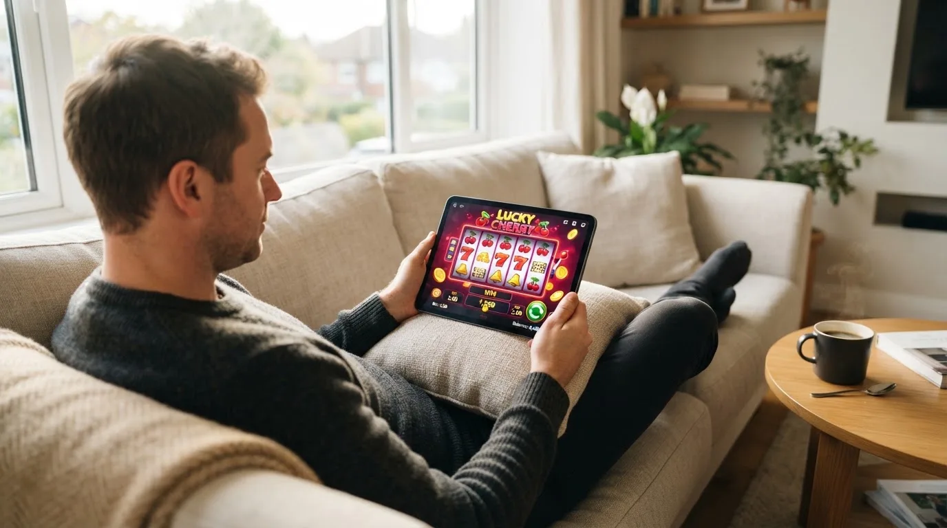 Een man bekijkt ontspannen een tablet op de bank in een lichte woonkamer met een kop koffie op de salontafel.