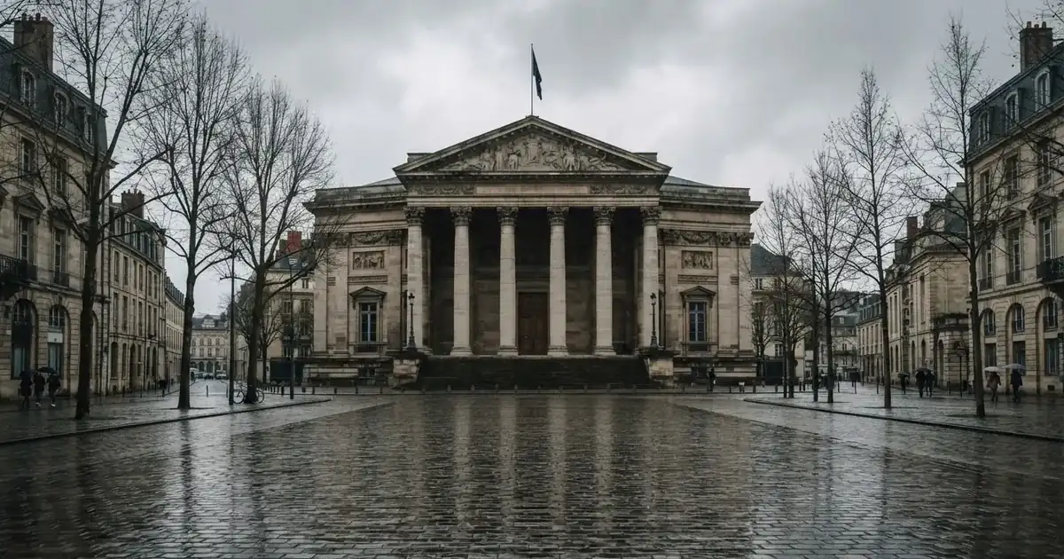 Een statig gerechtsgebouw met zuilen staat onder een bewolkte hemel in een Europese hoofdstad.