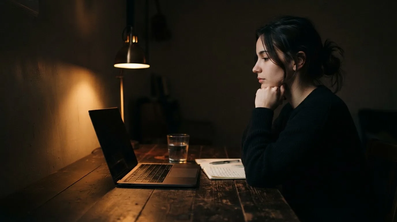 Een persoon zit alleen aan een bureau en kijkt peinzend naar een laptop met het scherm uit, in gedimd licht.