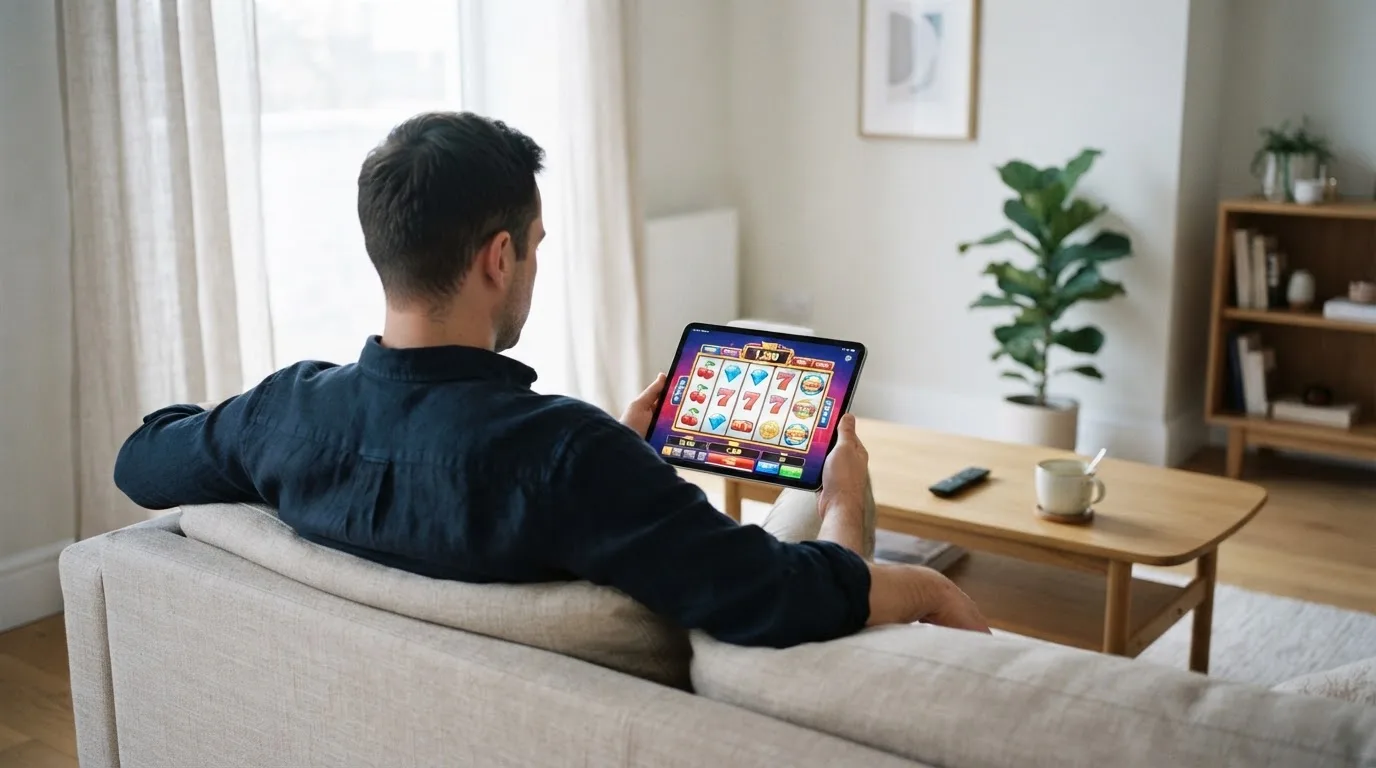 Een man bekijkt ontspannen een tablet op de bank in een lichte woonkamer met een kop koffie op de salontafel.