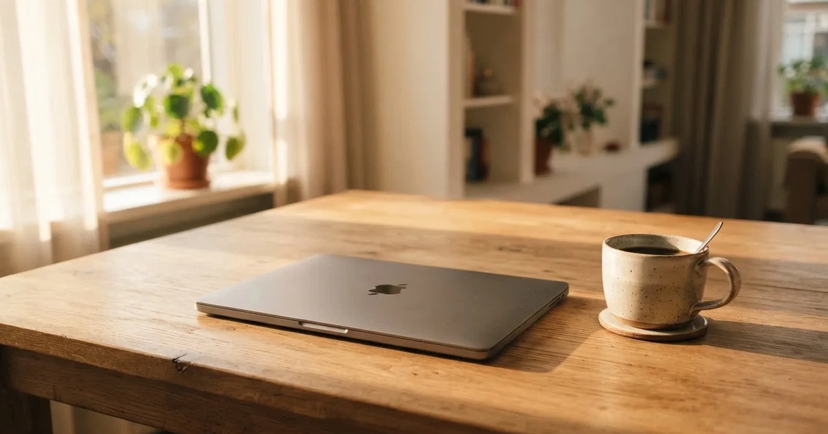 Een laptop met gesloten deksel staat naast een kopje koffie op een houten bureau, in zacht ochtendlicht.