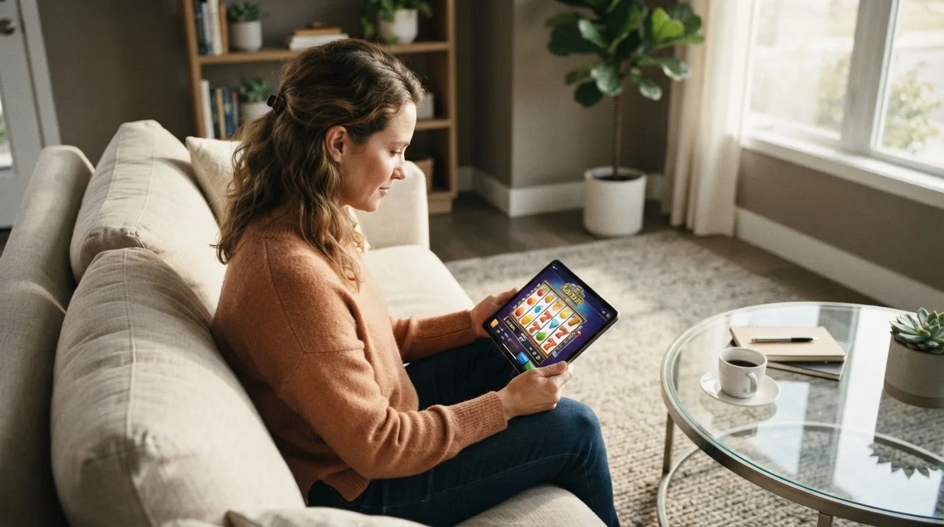 Een vrouw bekijkt ontspannen een tablet op de bank in een lichte woonkamer met een kop koffie op de salontafel.