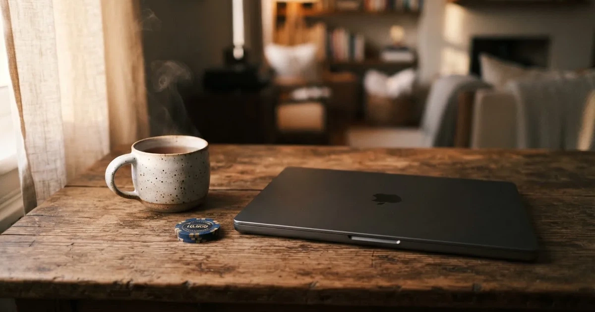 Een laptop met gesloten deksel staat naast een kopje thee op een houten bureau, in zacht ochtendlicht.