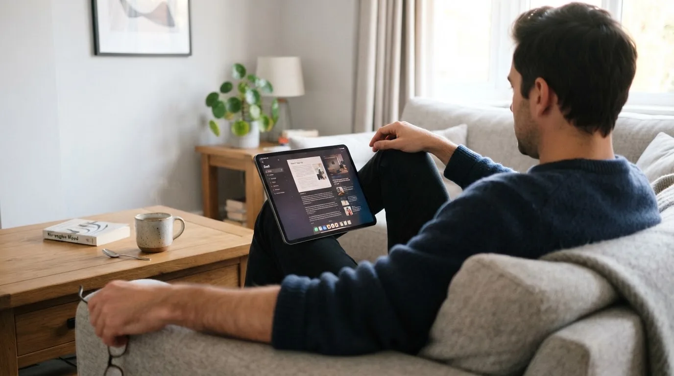 Een man bekijkt ontspannen een tablet op de bank in een lichte woonkamer met een kop thee op de salontafel.