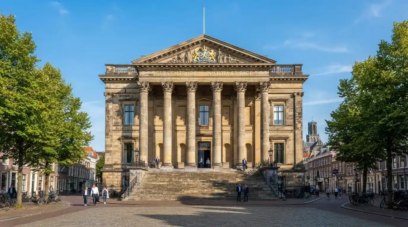 Een klassiek gerechtsgebouw met hoge zuilen staat onder een heldere hemel in een Nederlandse stad.