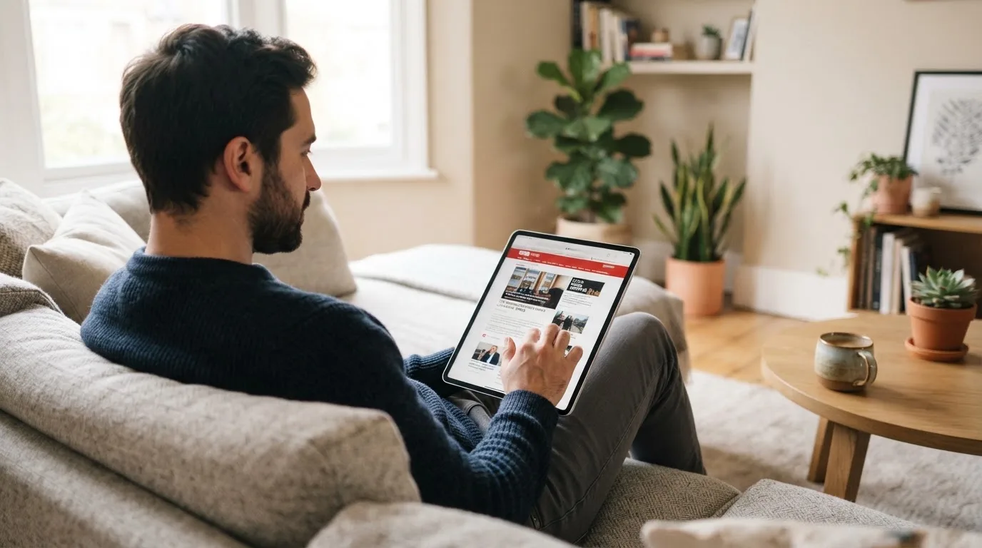 Een man bekijkt ontspannen een tablet op de bank in een lichte woonkamer met een kop koffie op de salontafel.