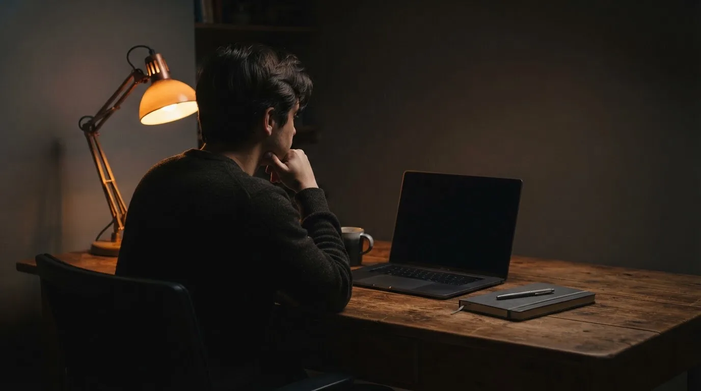 Een persoon zit alleen aan een bureau en kijkt peinzend naar een laptop met het scherm uit, in gedimd licht.