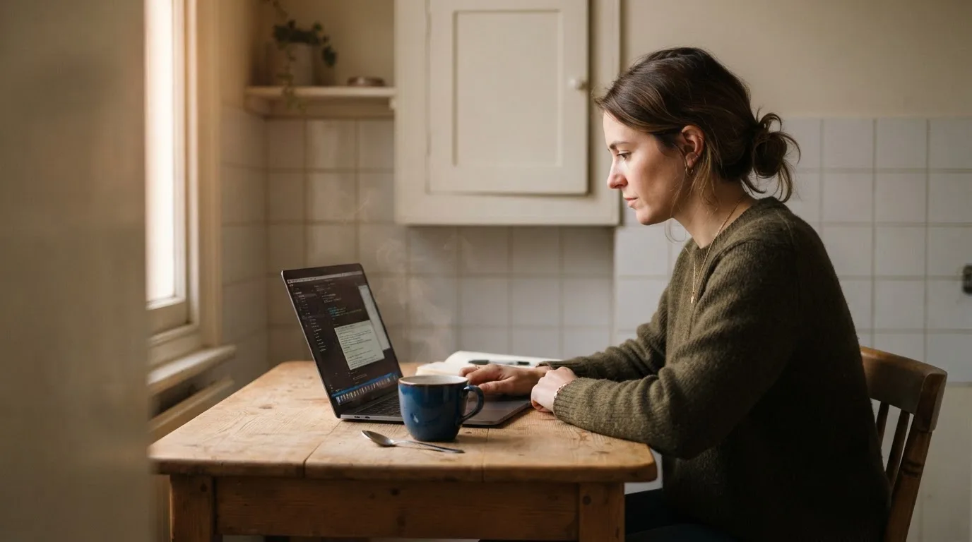Een persoon zit alleen aan een keukentafel en kijkt peinzend naar een laptop, met een kop koffie ernaast in het vroege ochtendlicht.