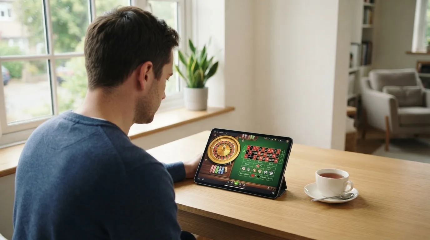 Een man zit aan een bureau in een lichte woonkamer en kijkt naar het scherm van een tablet die naast een kop thee ligt.