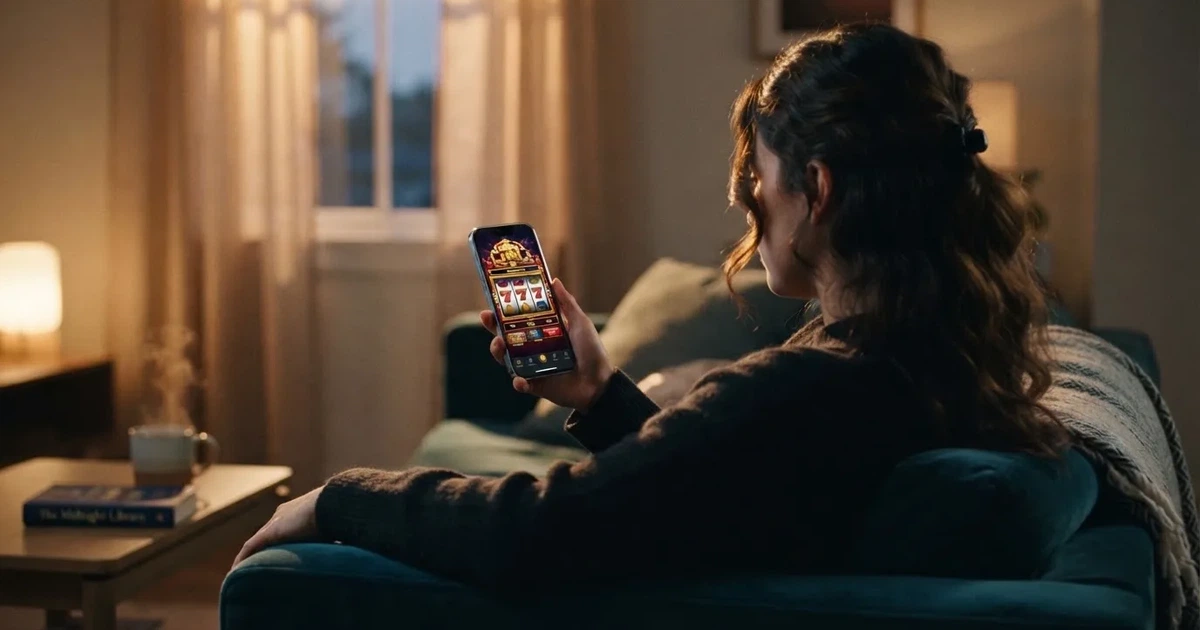Een jonge vrouw ontspant op de bank met haar smartphone in de hand, terwijl er 's avonds zacht licht door het raam valt.