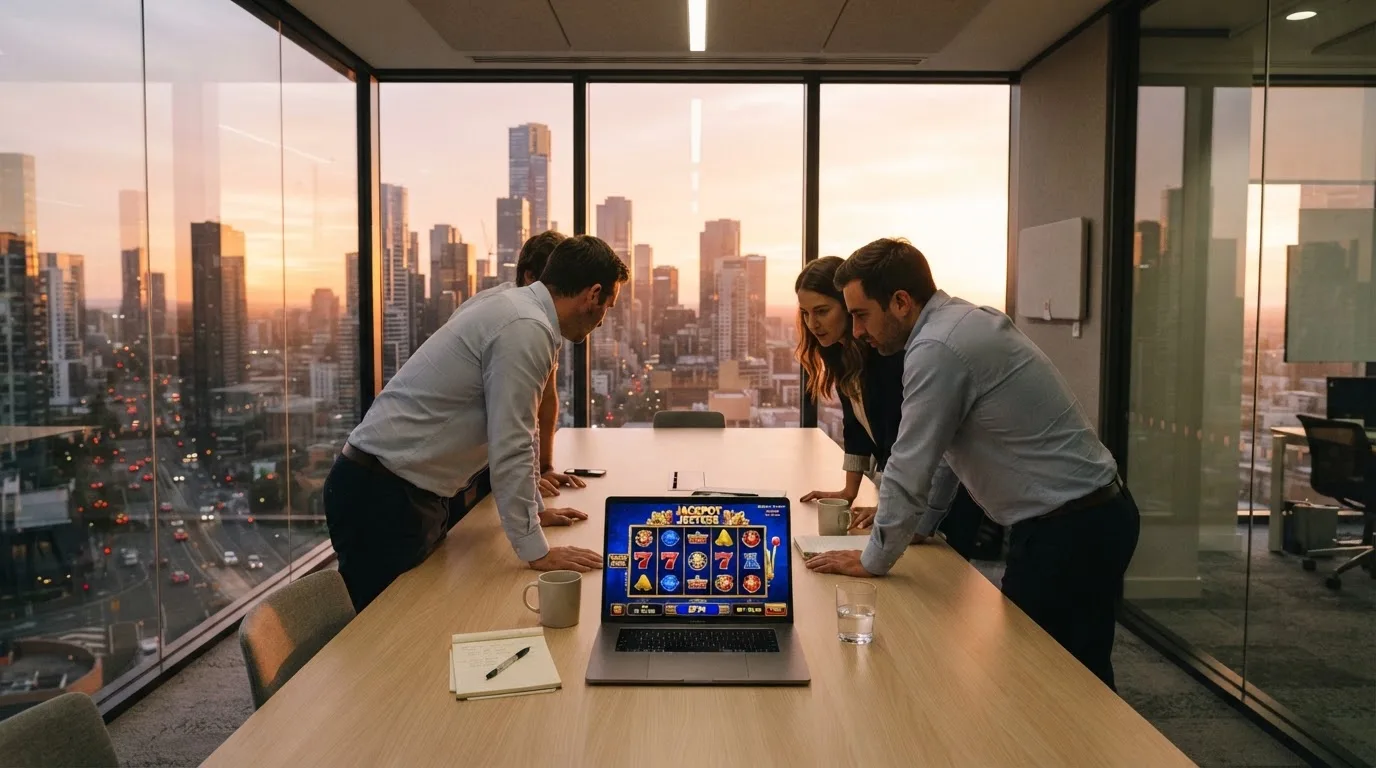 Een klein team overlegt rond een tafel in een glazen vergaderruimte met uitzicht op een stedelijke skyline bij zonsondergang.