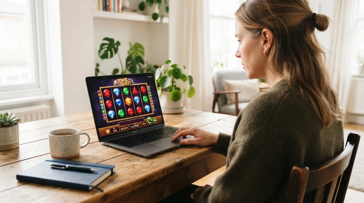 Een vrouw zit aan een houten bureau en bekijkt rustig het scherm van een laptop in een lichte woonkamer.