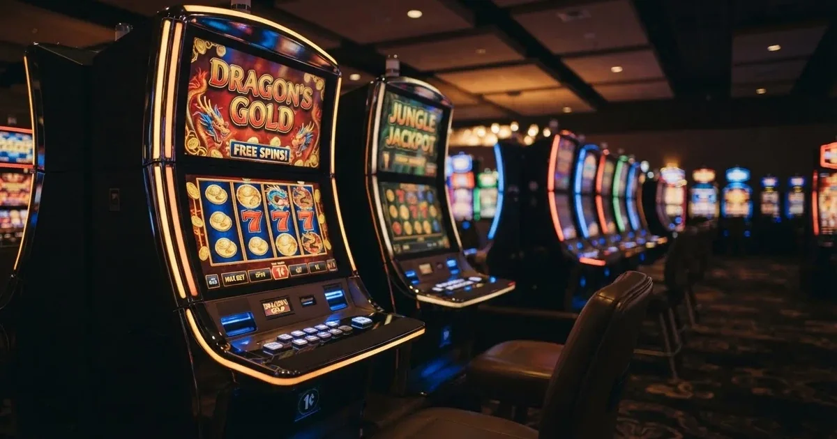 Een close-up van kleurrijke gokkasten met knipperende lichten in een schemerig casino, zonder zichtbare spelers of tekst.