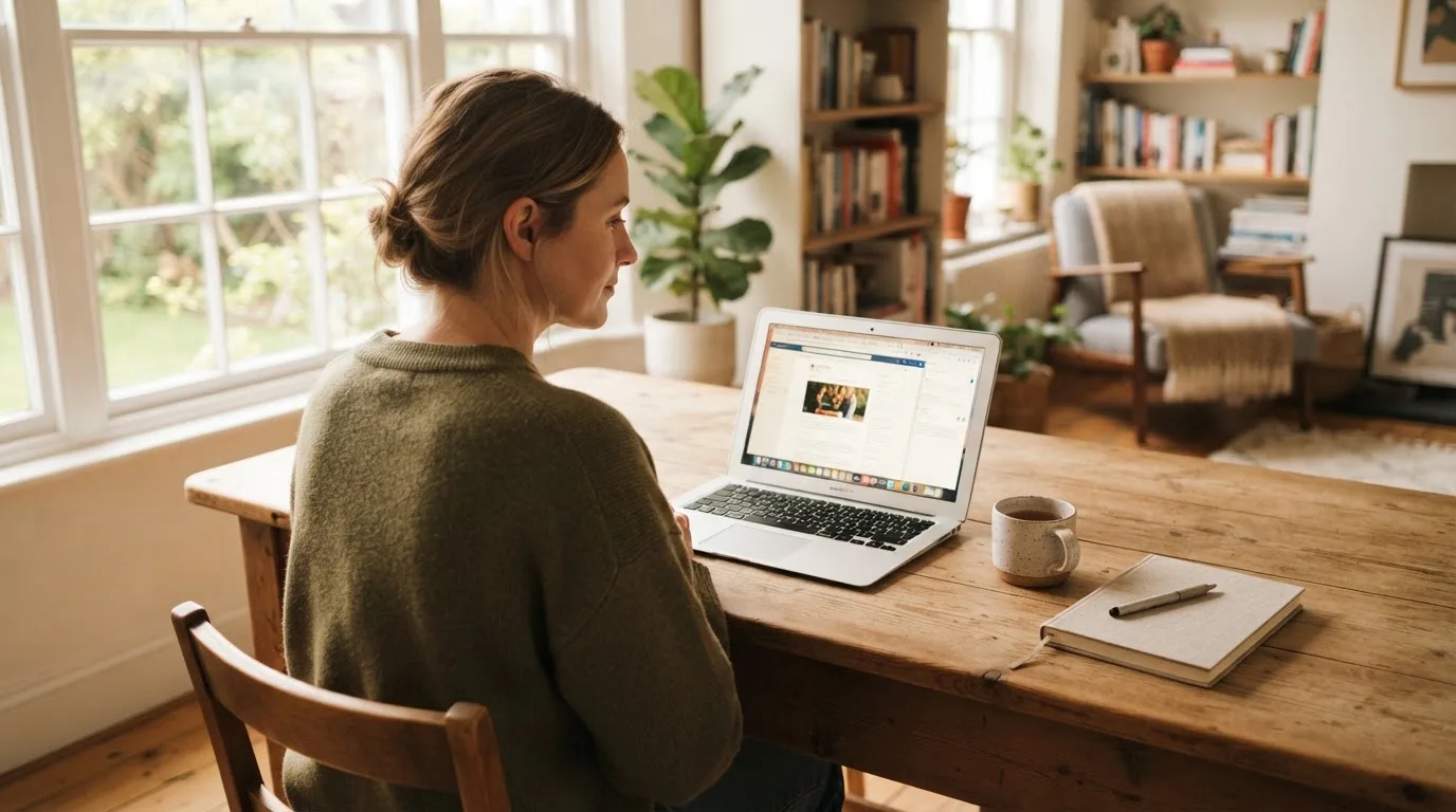 Een vrouw zit aan een houten bureau en bekijkt rustig het scherm van een laptop in een lichte woonkamer.