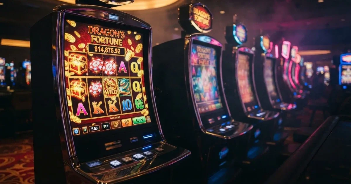 Een close-up van kleurrijke gokkasten met knipperende lichten in een schemerig casino, zonder zichtbare spelers of tekst.