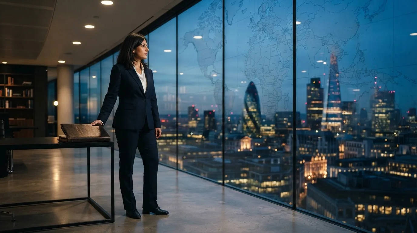 Een jurist in kostuum staat voor een grote glazen wand met een wereldkaart in een modern kantoor tijdens de avondschemering.