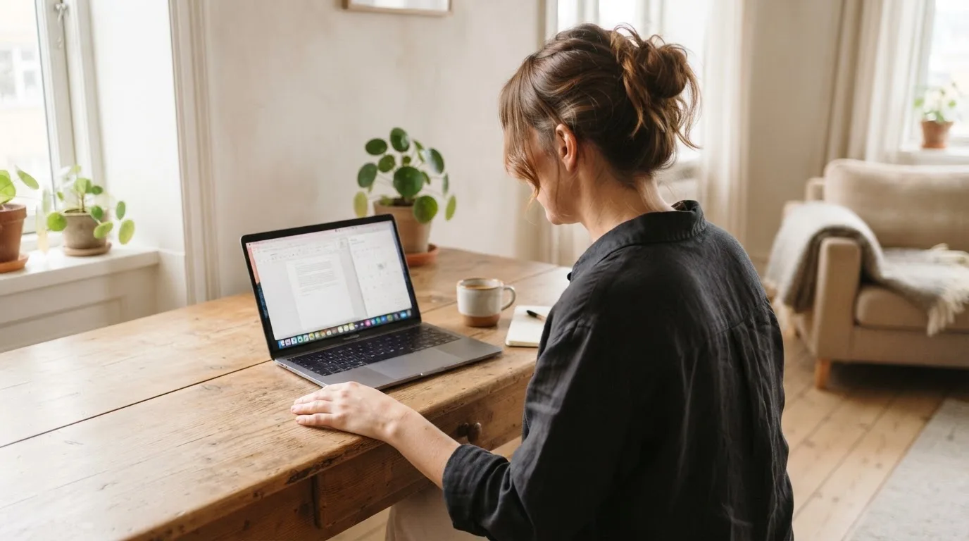 Een vrouw zit aan een houten bureau en bekijkt rustig het scherm van een laptop in een lichte woonkamer.
