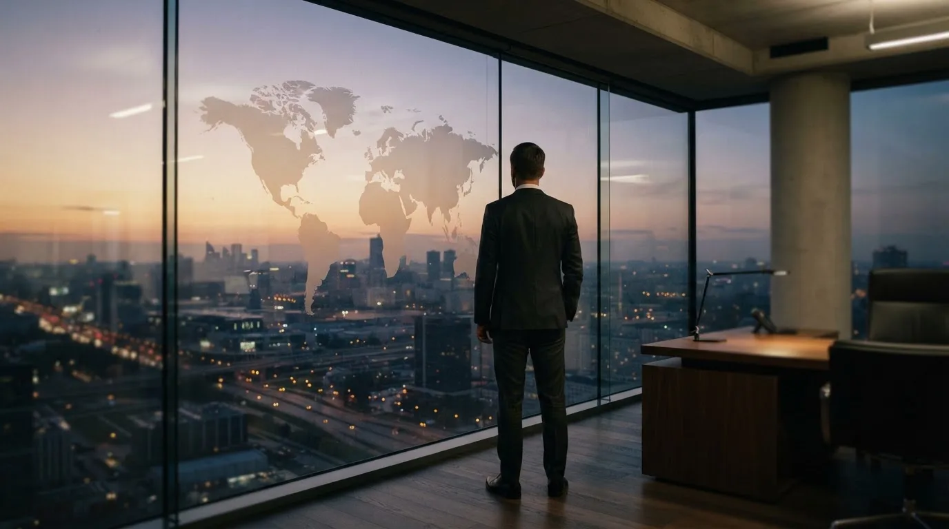 Een jurist in kostuum staat voor een grote glazen wand met een wereldkaart in een modern kantoor tijdens de avondschemering.
