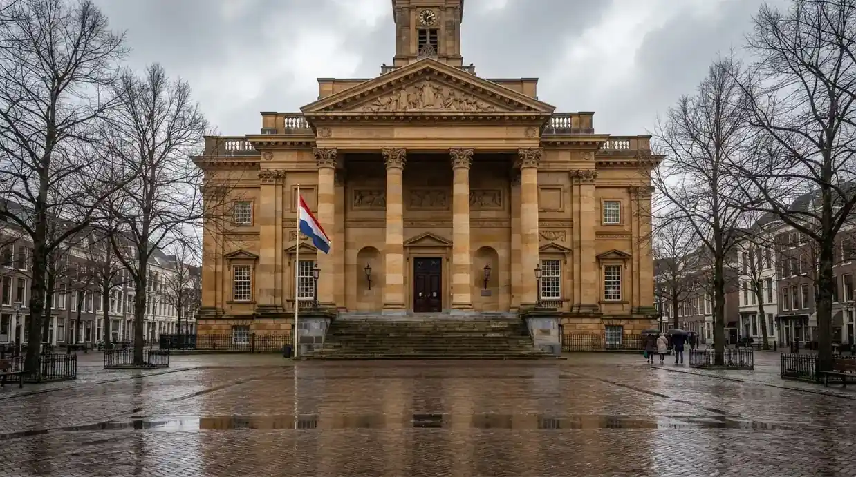 Een statig gerechtsgebouw met zuilen staat onder een bewolkte lucht in een Nederlandse stad.