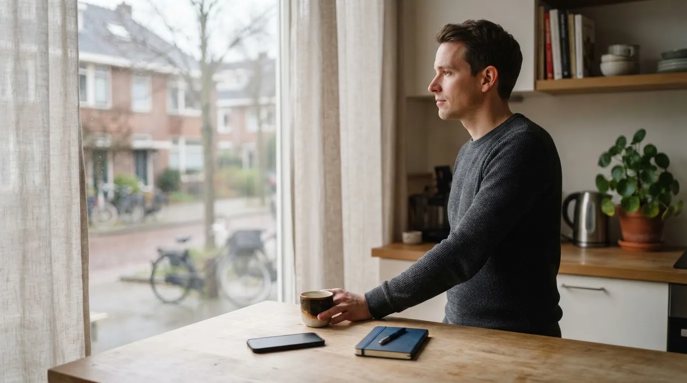 Een man legt zijn telefoon rustig weg en kijkt uit het raam met een kop koffie op tafel.