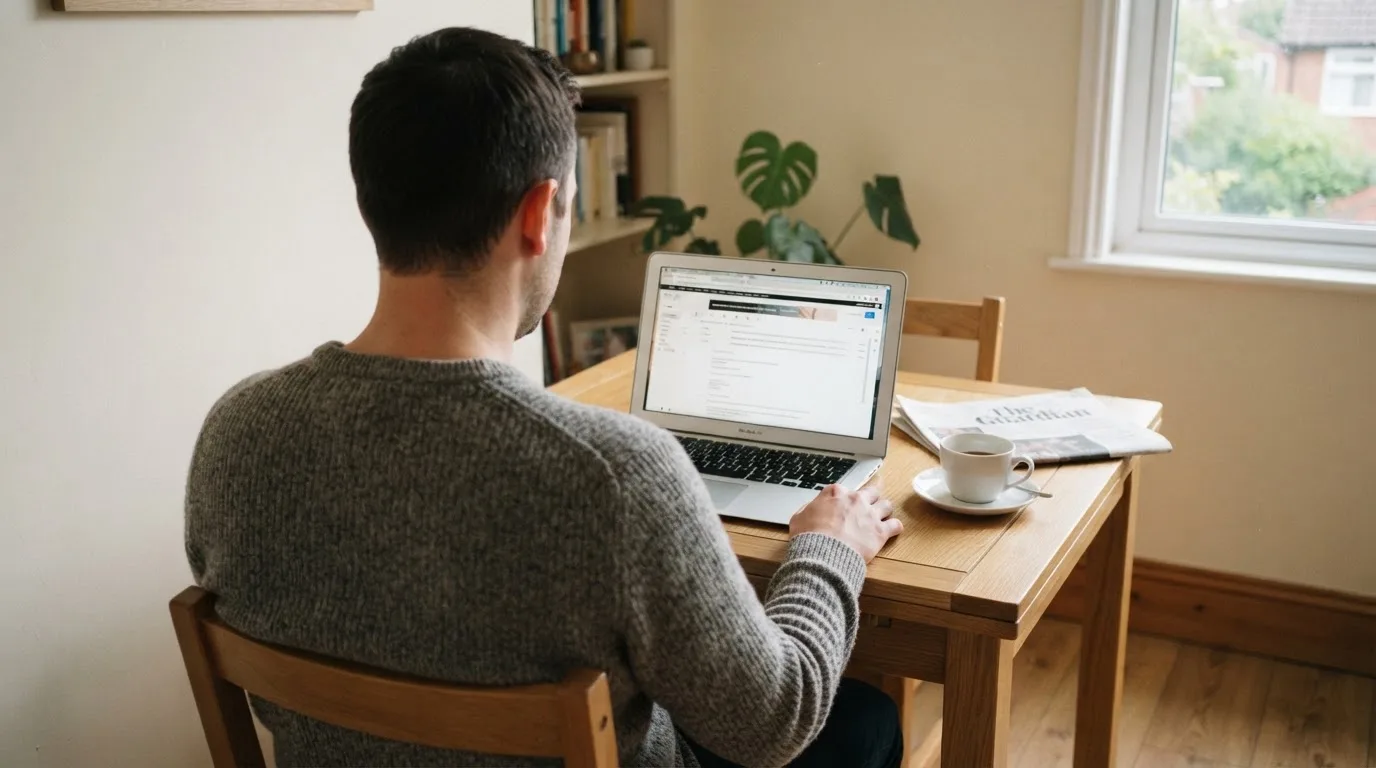 Een man zit thuis aan tafel met een kop koffie en bekijkt rustig zijn laptop.