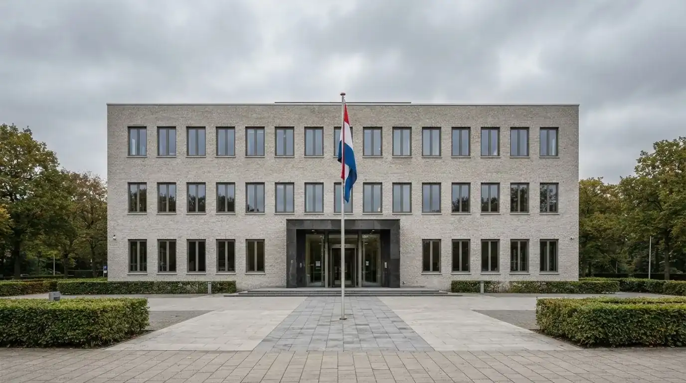 Een statig kantoorgebouw met een Nederlandse vlag ervoor onder een bewolkte hemel.