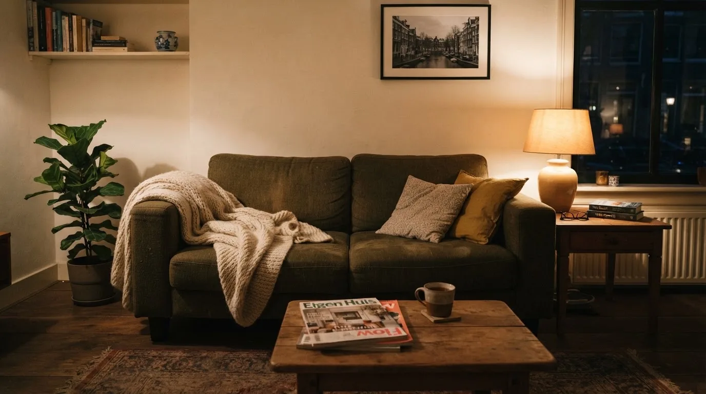 Een gezellige huiskamer in de avond met zacht lamplicht en een bank waarop een deken ligt.