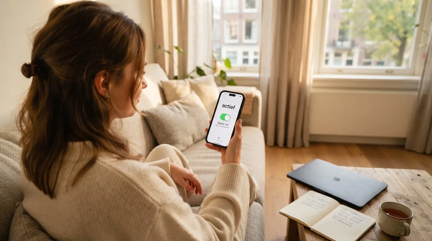 Een jonge vrouw zit ontspannen op de bank met een smartphone in haar hand, terwijl een laptop met onscherp scherm op de salontafel staat.