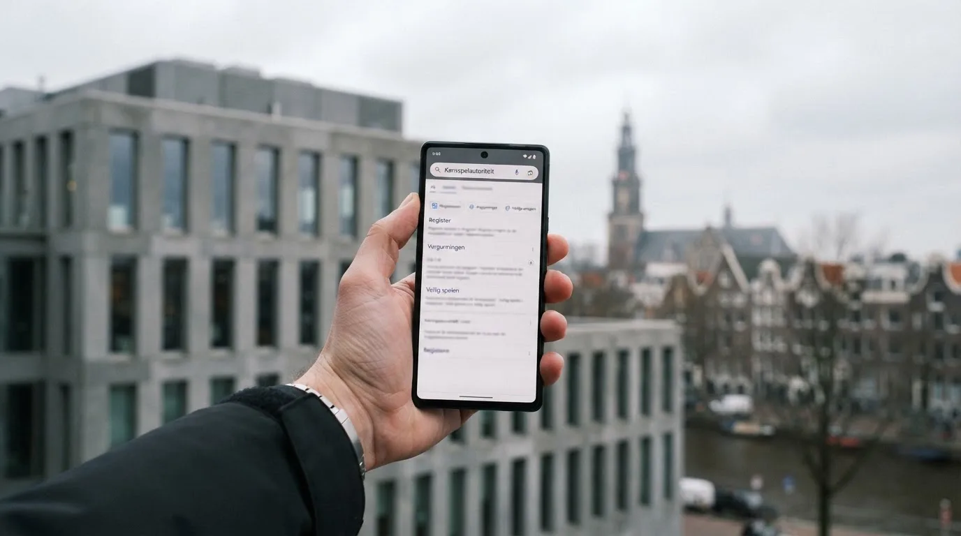 Een close-up van een hand die een smartphone vasthoudt buiten voor een grijs kantoorgebouw, met een wazige skyline van een Nederlandse stad op de achtergrond.